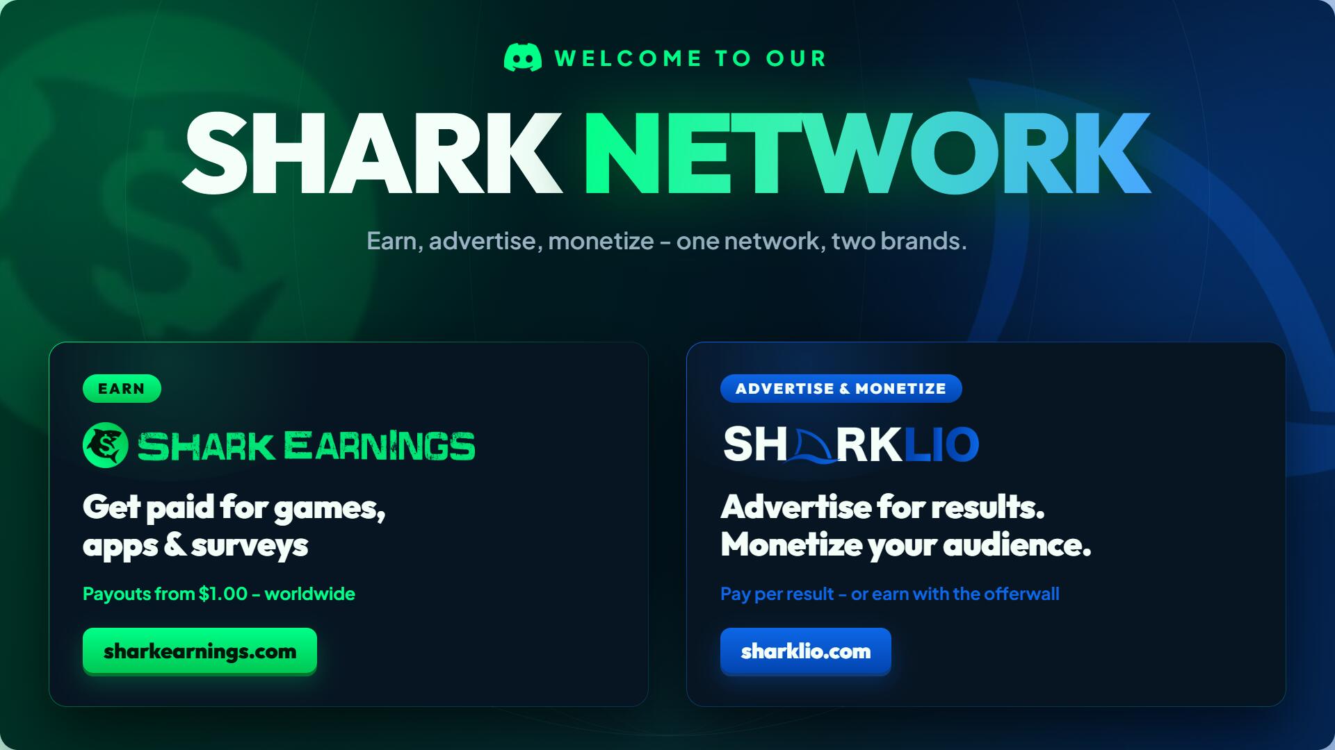 Discovery splash banner for Shark Network: Earn, Advertise, Monetize Discord server